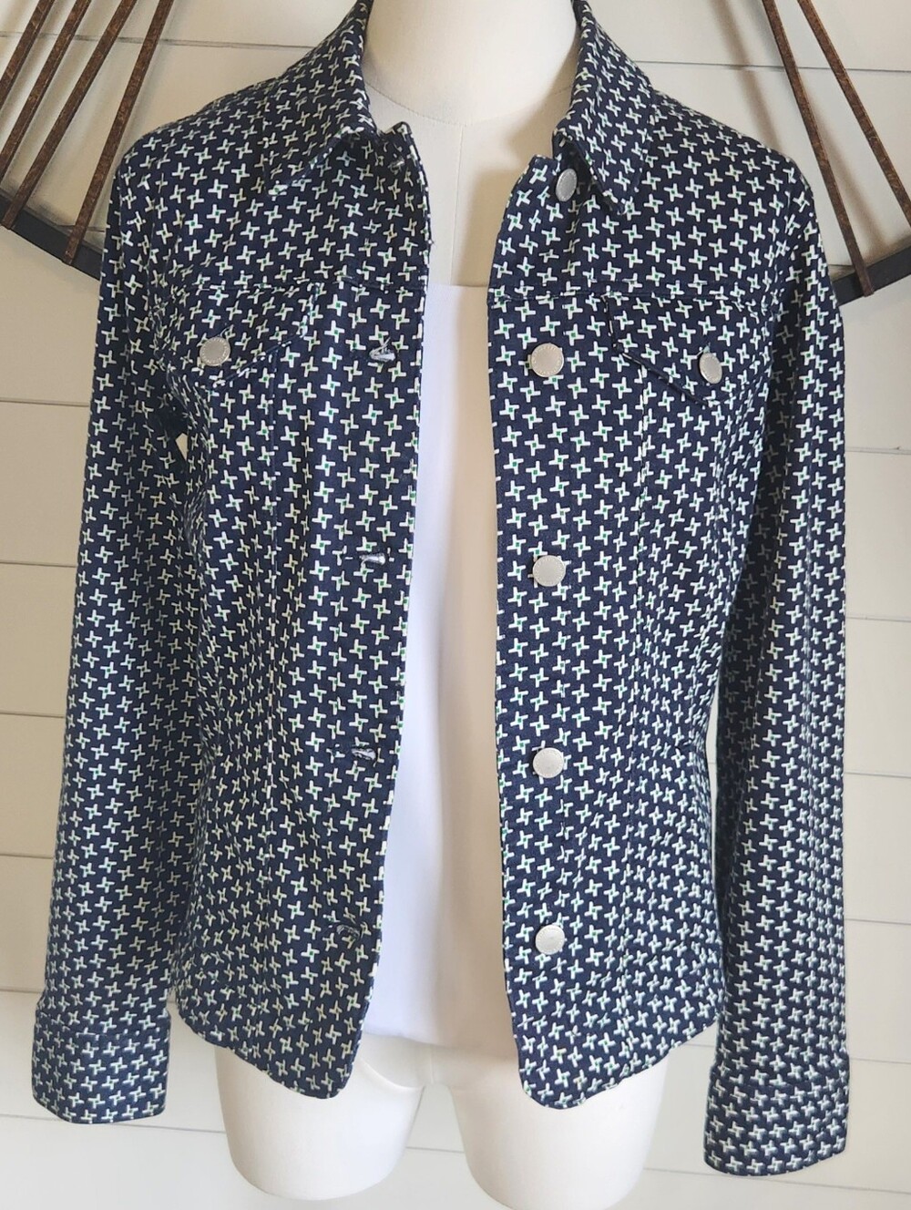 Charter Club Navy Blue Lightweight Patterned Denim Jacket - Size M